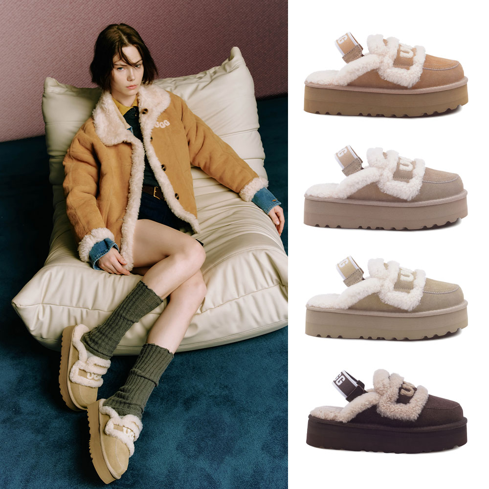[무료배송] 호주정품 오즈라나 로고 시어링 플랫폼 탈부착 밴딩 슬리퍼 (굽 4cm) OZLANA UGG OZ3009